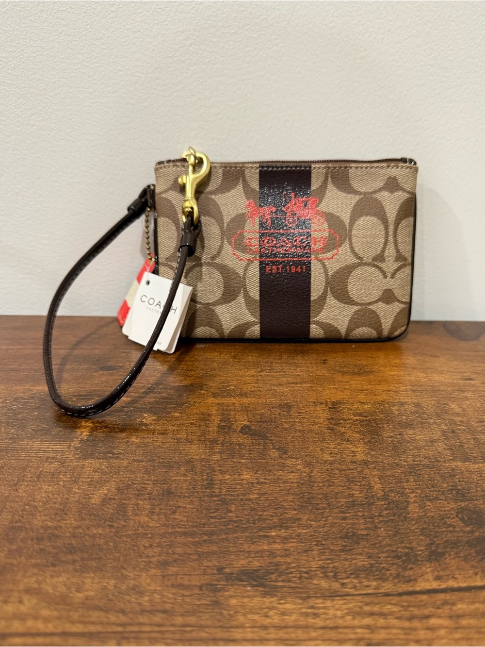 Coach Heritage Signature Stripe Zip Wristlet New Compact Luxe